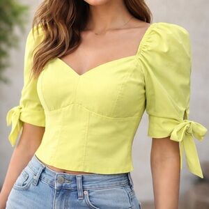Express Chartreuse Lime Puff Sleeve Tie Top S NWT Sweetheart Blouse